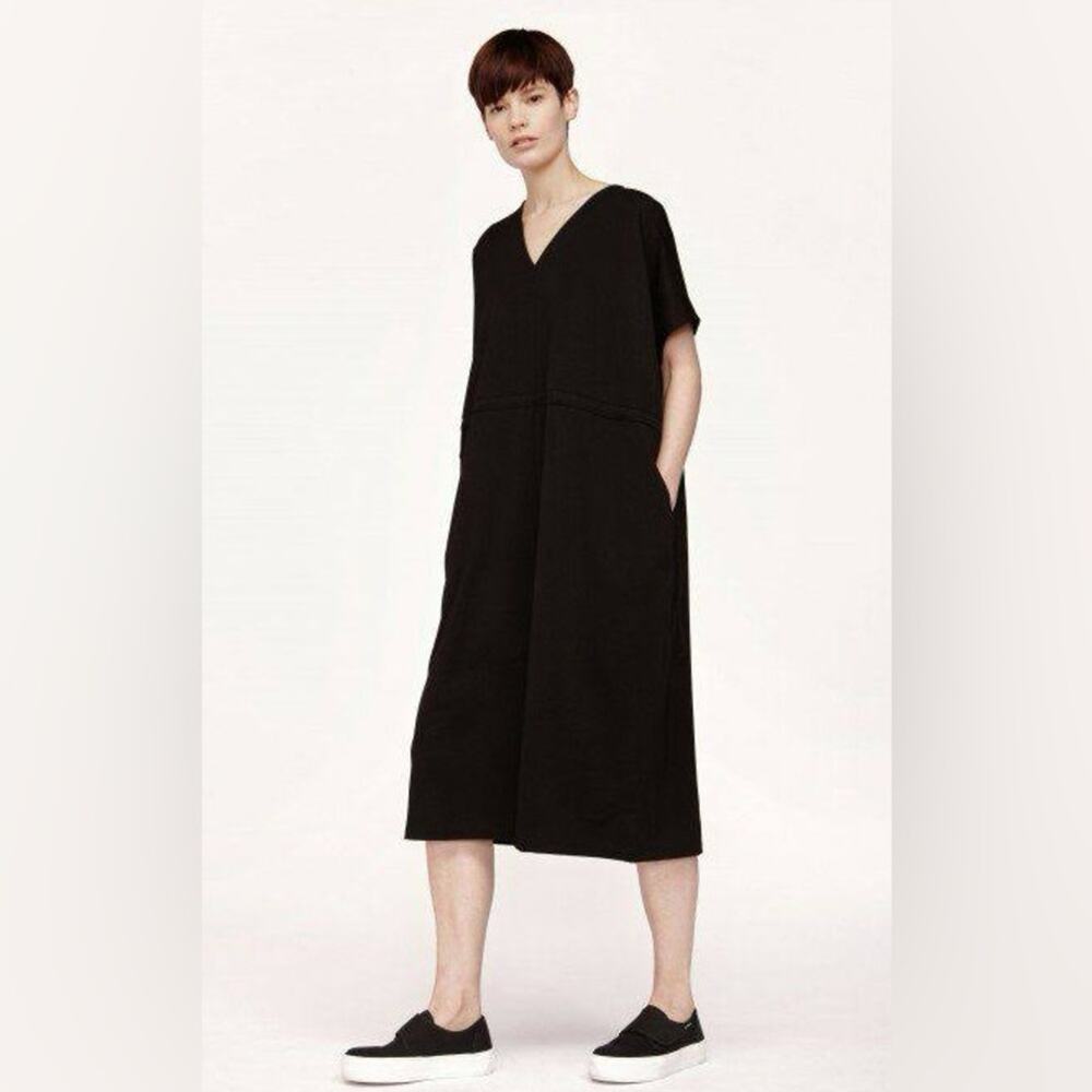 Marimekko tripliitti Black Oversized V Neck Midi Dress Pockets XS